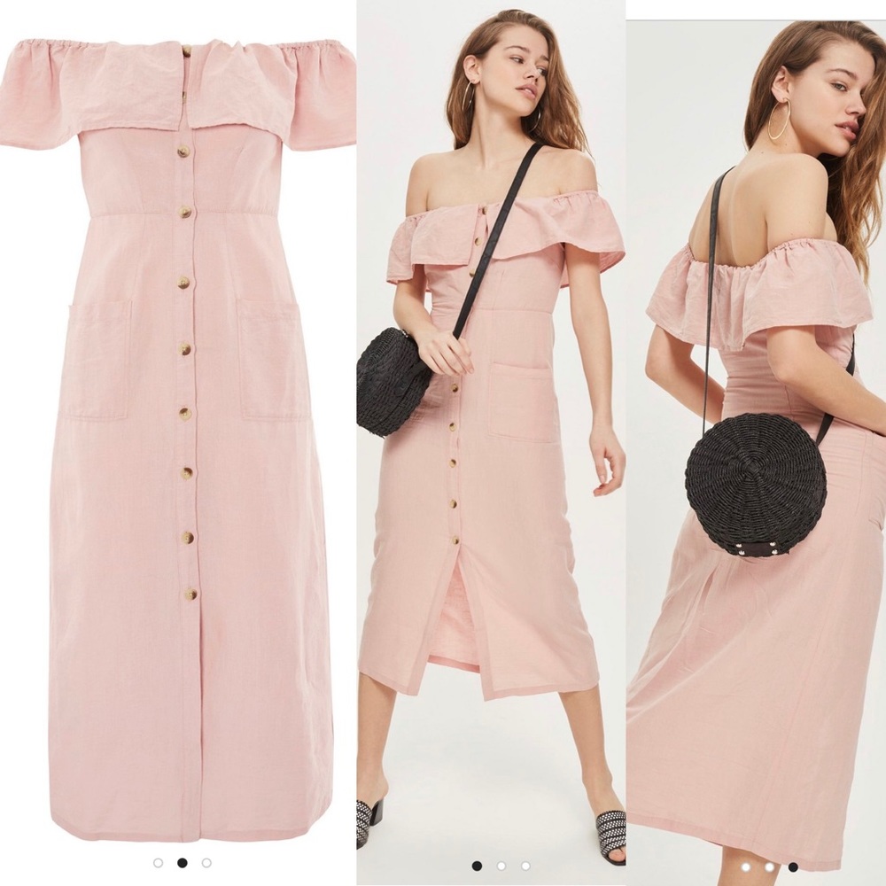 Topshop Linen Bardot Button Front Midi Dress